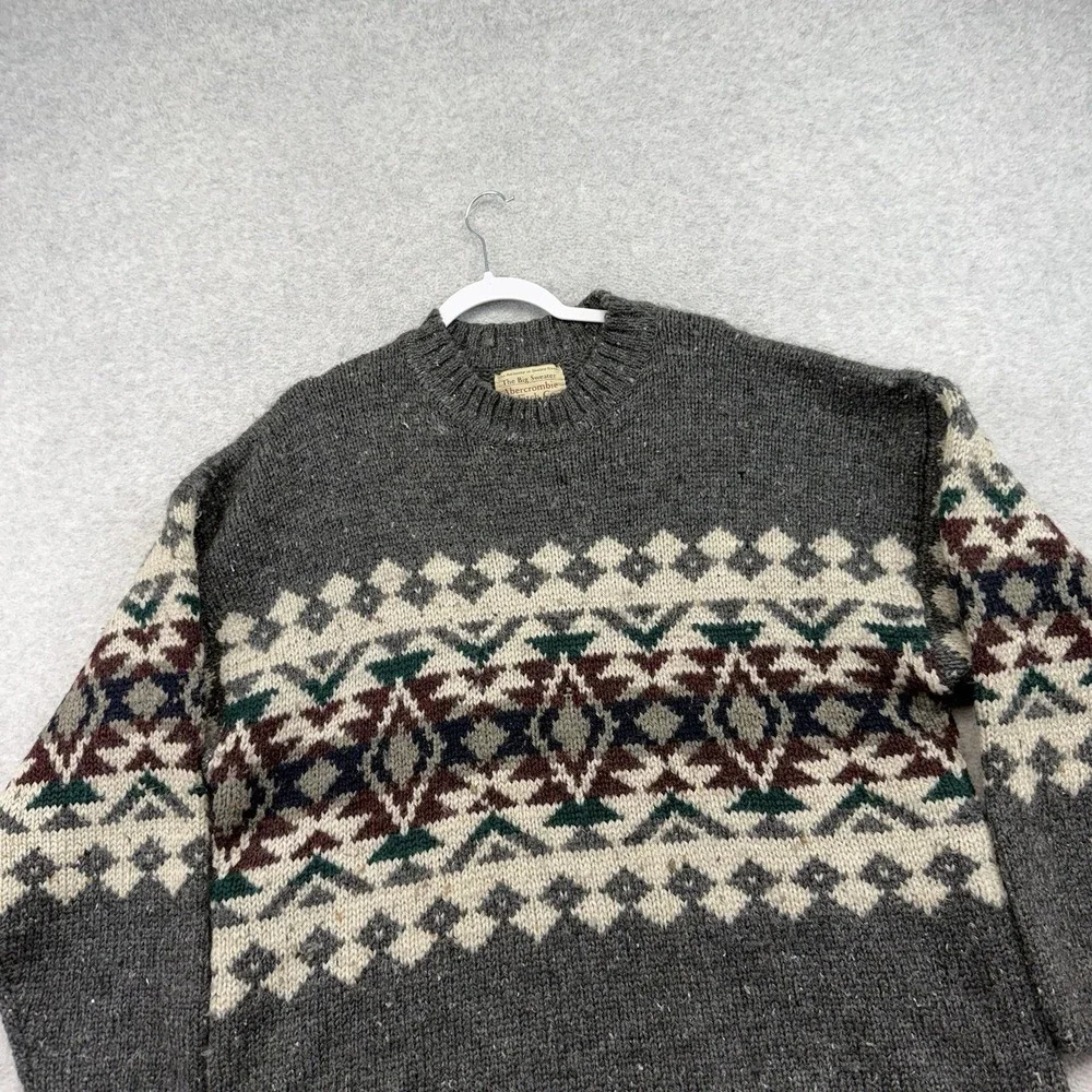 Vintage Abercrombie Fitch Wool Sweater Large Aztec Nordic Grey Chunky Thick 90's